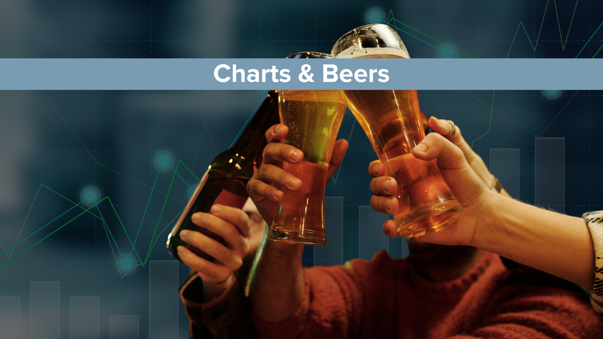 Charts of the week with beer et billede med hænder der skåler med øl foran en baggrund med en graf